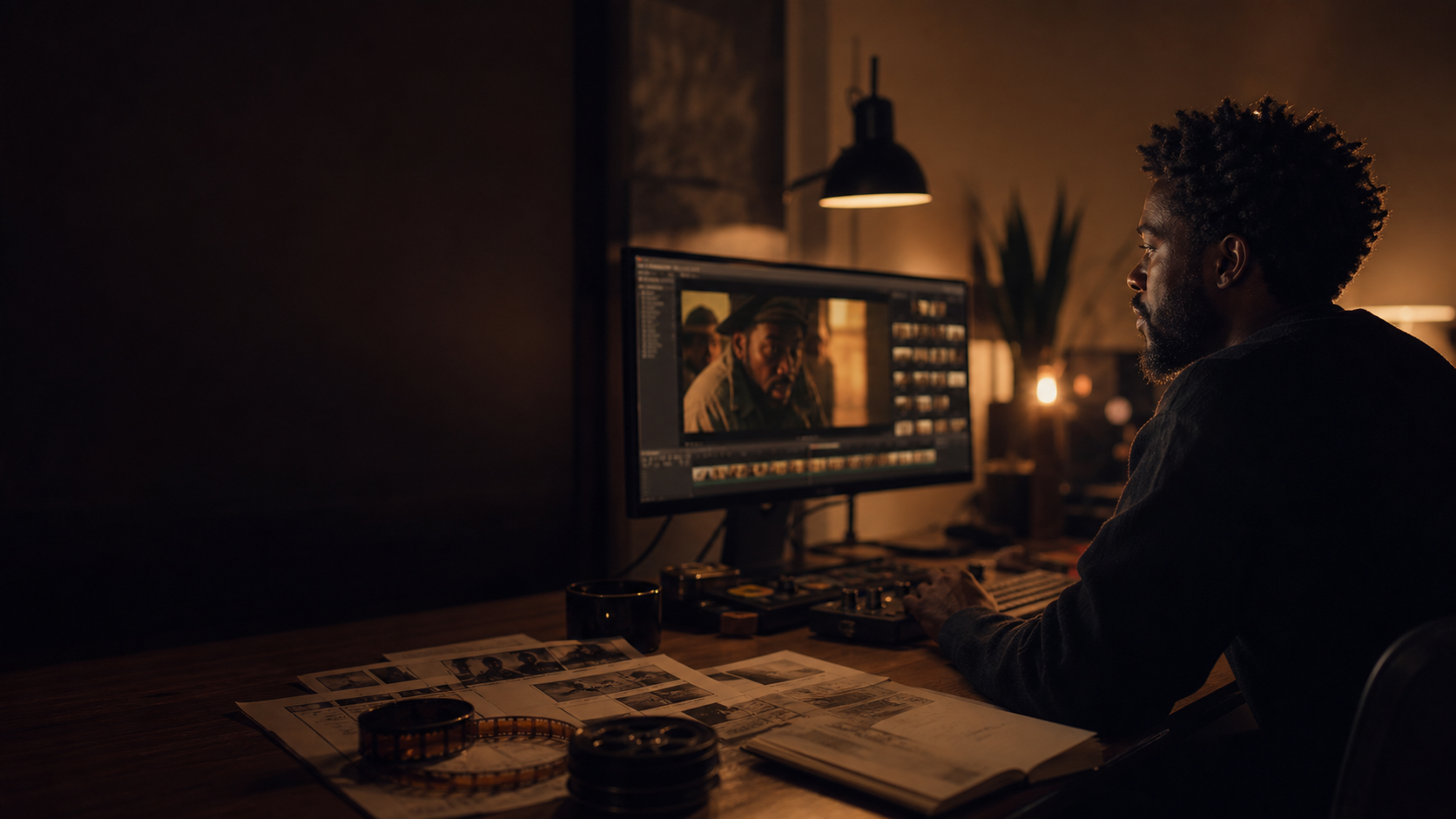 A filmmaker editing a story in a warm studio